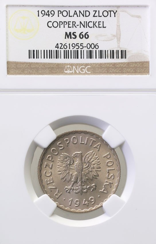 PRL. 1 złoty 1949 miedzionikiel NGC MS66